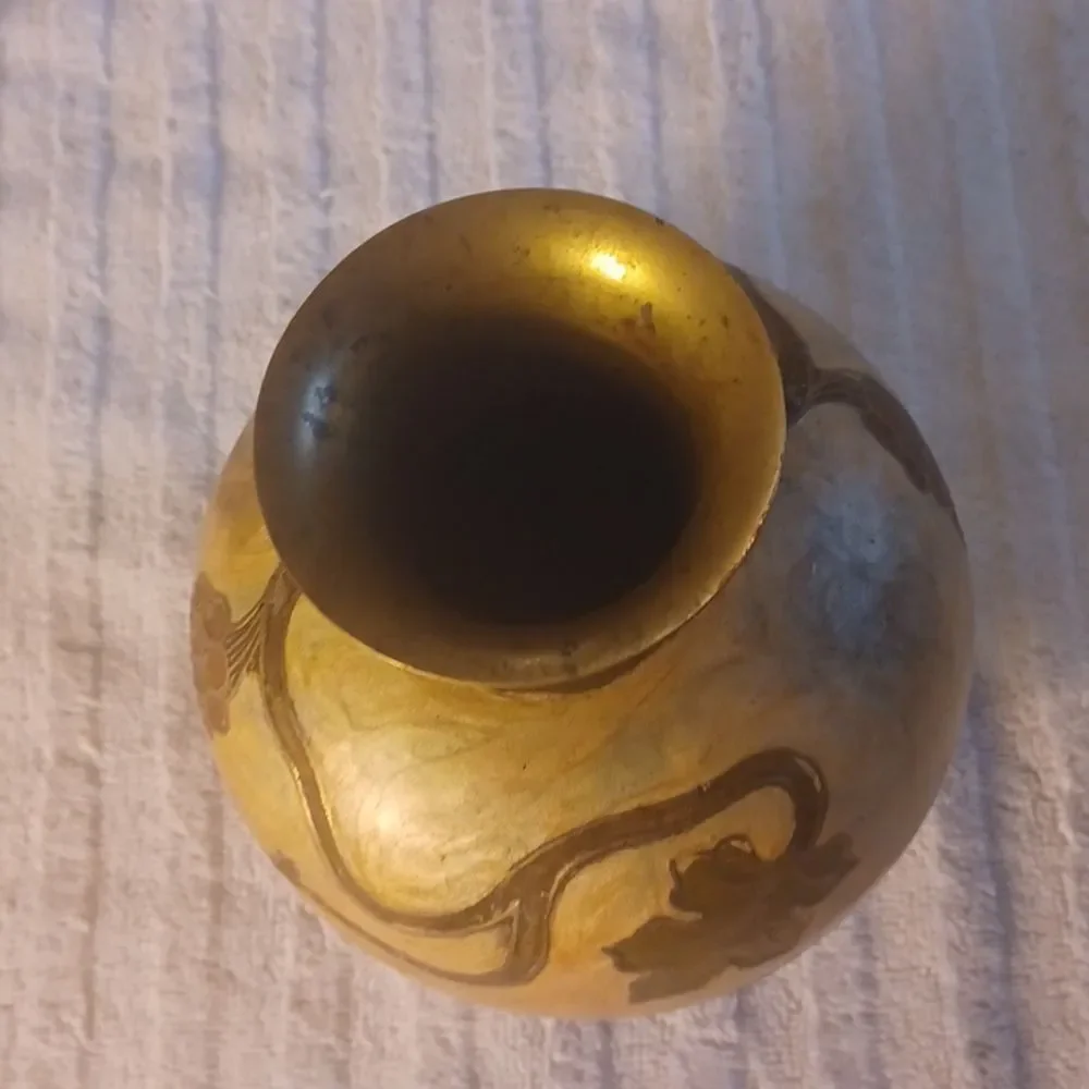 Brass Round Etched Painted Gold Chunky 80,S Gold Floral Rare Painted Vase